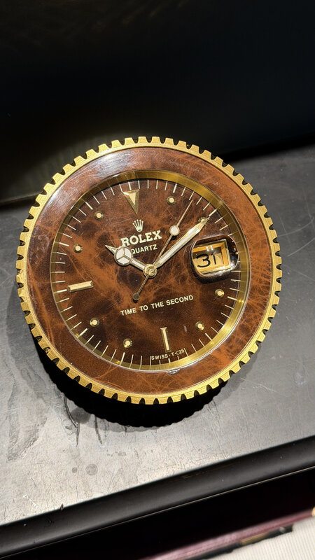 Vintage Rolex Quartz dealer display clock, burled-wood dial, marked Time to the Second