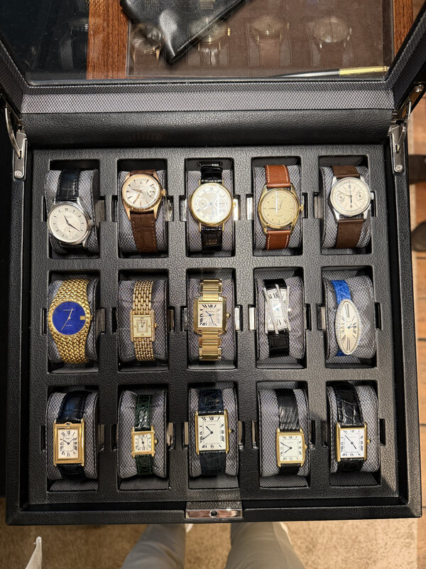 Top-down view of a travel watch case holding fifteen vintage dress watches in three rows — Cartier Tanks, Patek Calatravas, rectangular and round pieces on black leather inserts