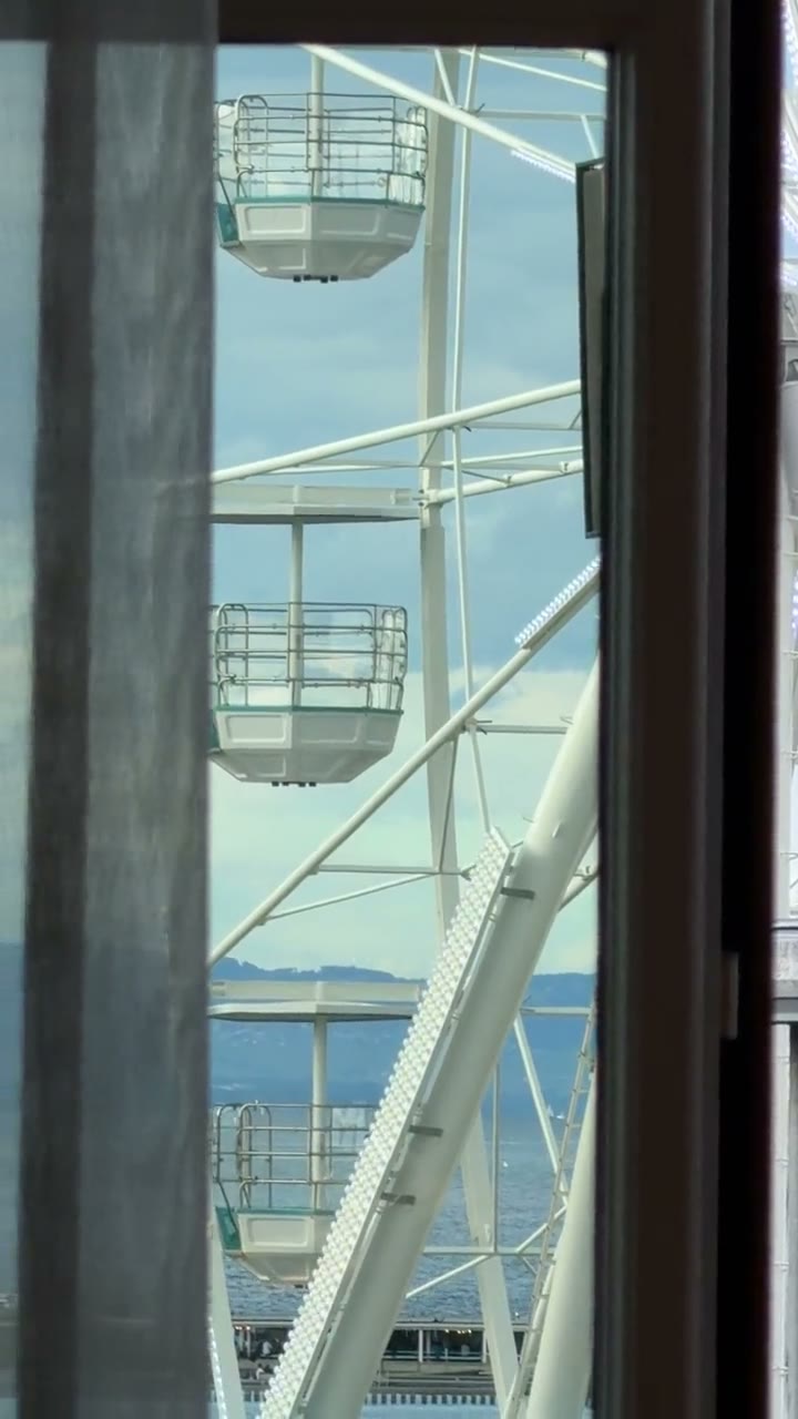 Silent video tilting down a Ferris wheel seen through the dining-room window, with Lake Geneva beyond