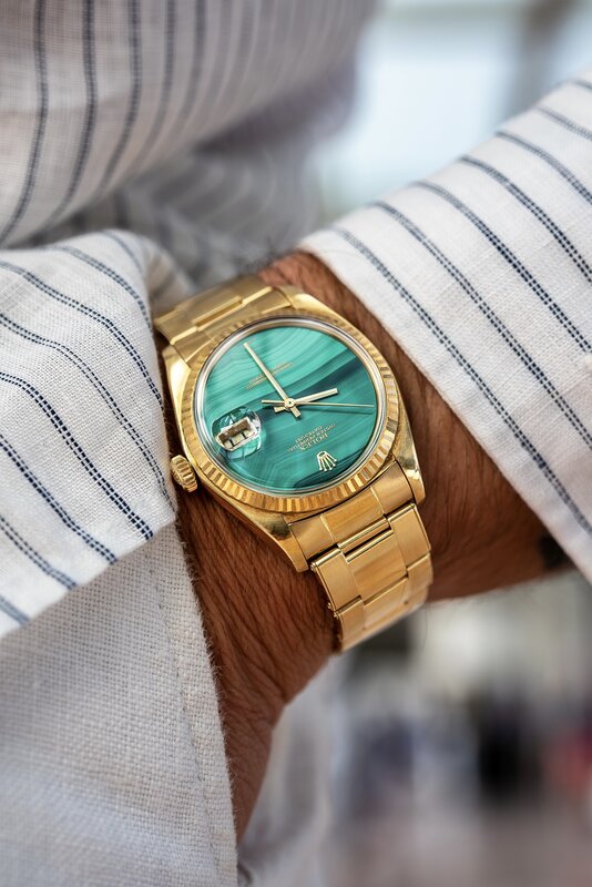Rolex Day-Date in yellow gold with malachite green dial — Collectors Gallery inventory