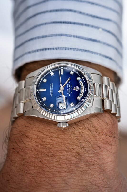 Rolex Day-Date in white gold with blue diamond dial — Collectors Gallery Dubai