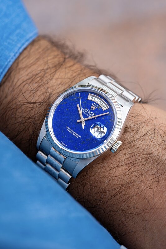 Rolex Day-Date with lapis lazuli dial in white gold on wrist