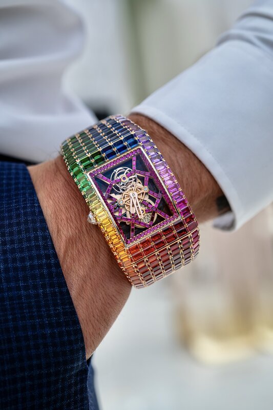 Jacob and Co Billionaire Rainbow on wrist — multicolor baguette gemstones
