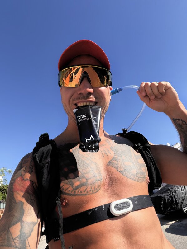 A gel held between the teeth at the start of the long run, hydration hose in hand
