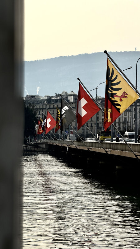 Swiss and Geneva cantonal flags flying on the Pont du Mont-Blanc — Lake Léman behind, hills in the distance