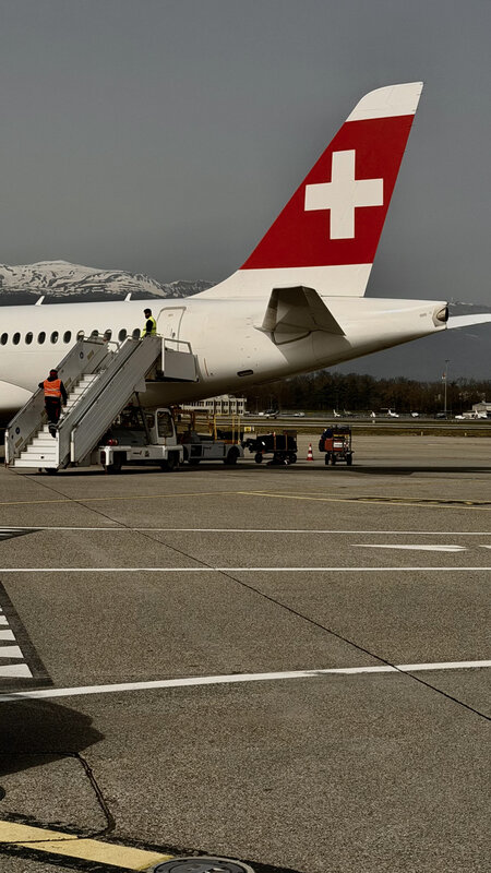 Tail of a Swiss Airbus on the tarmac at Geneva airport — snow on the Jura in the distance