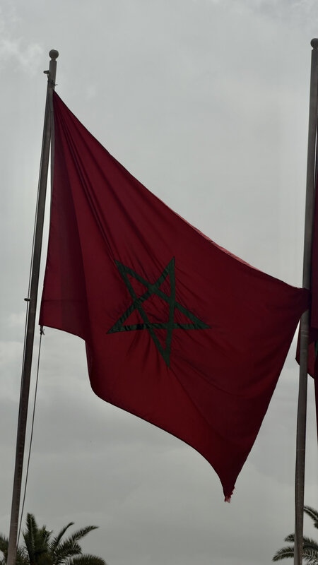 Moroccan flag — red field with a green five-pointed star — flying against an overcast sky